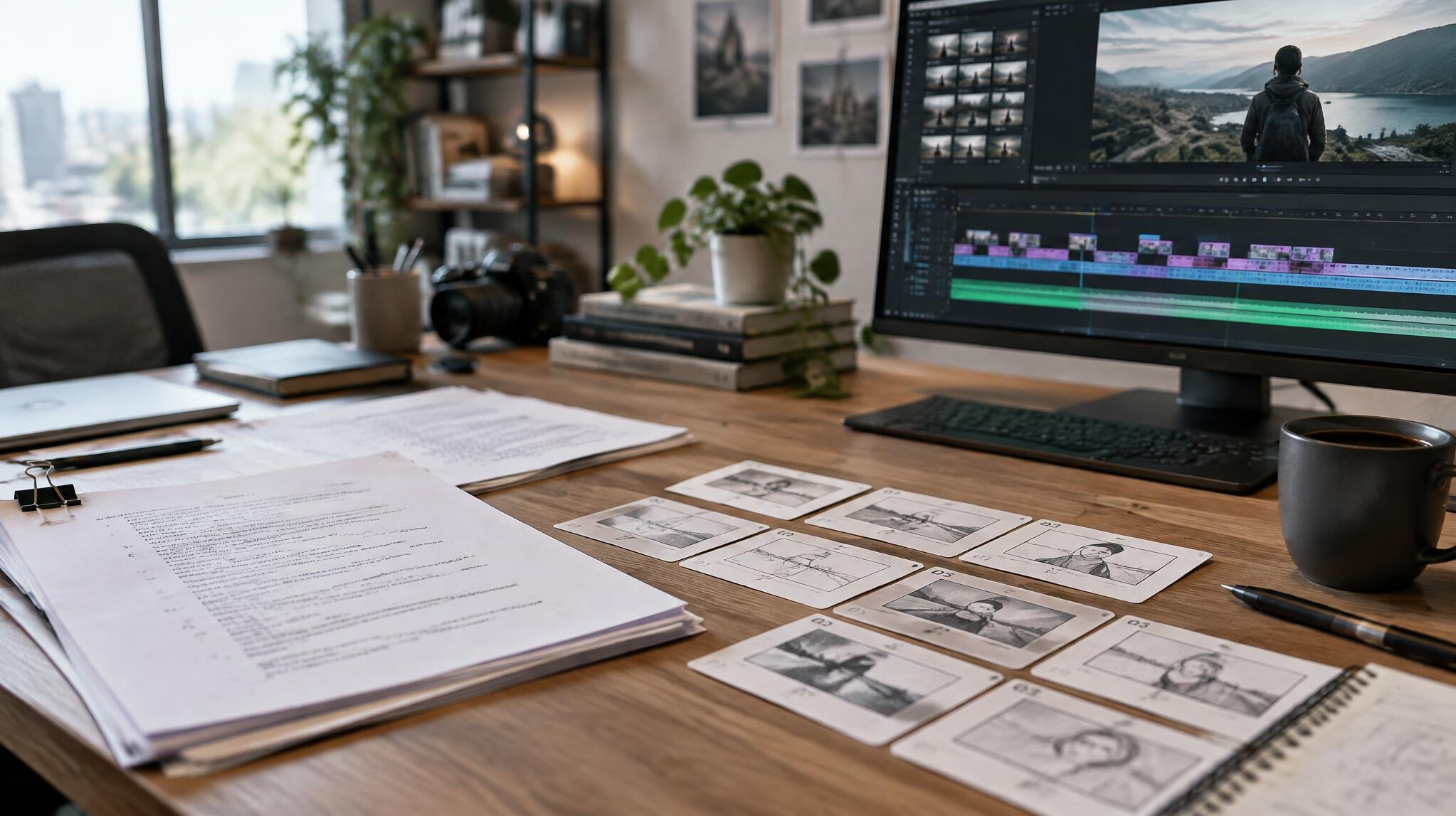 Editorial production desk with script pages, storyboard cards and a monitor