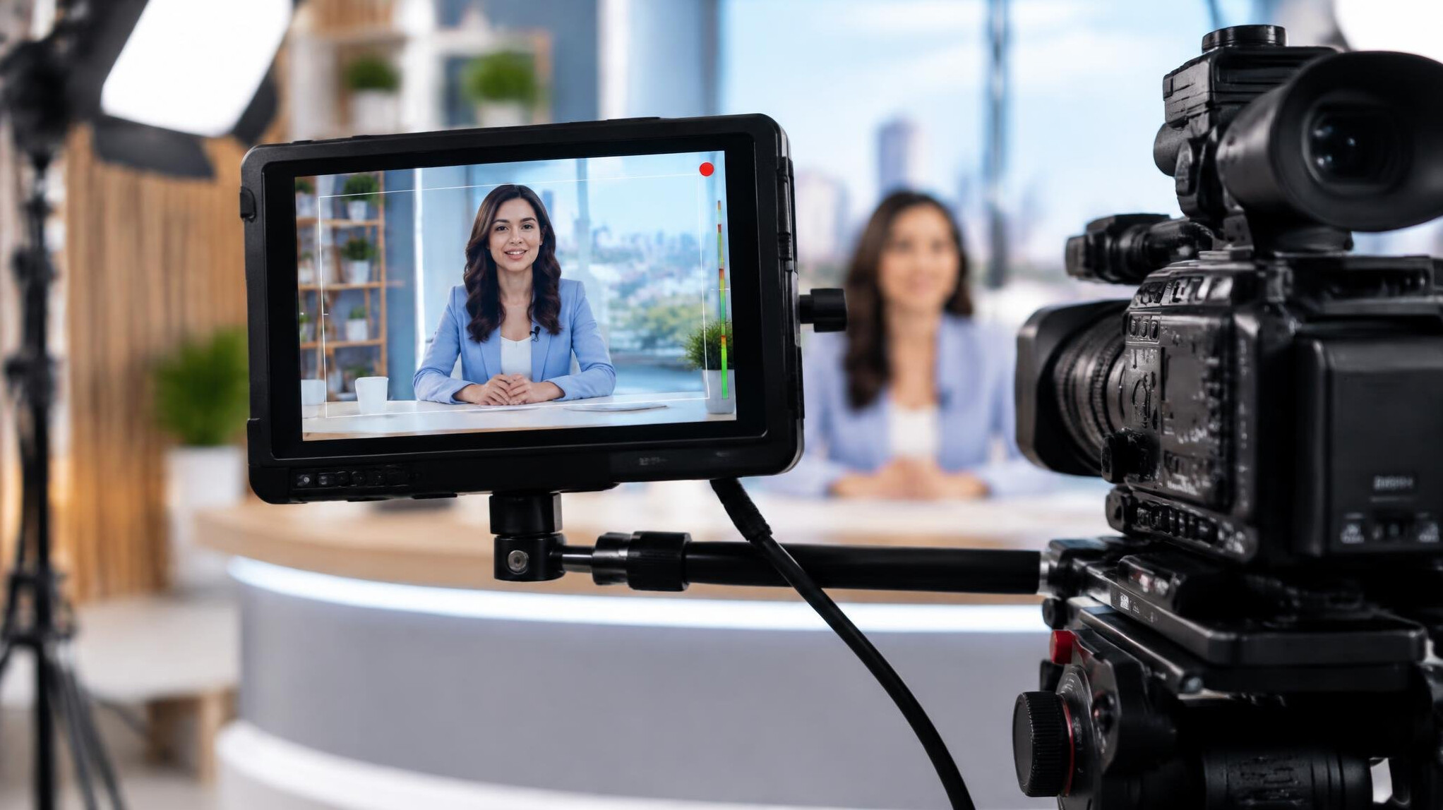 Camera viewfinder framing a presenter in a studio
