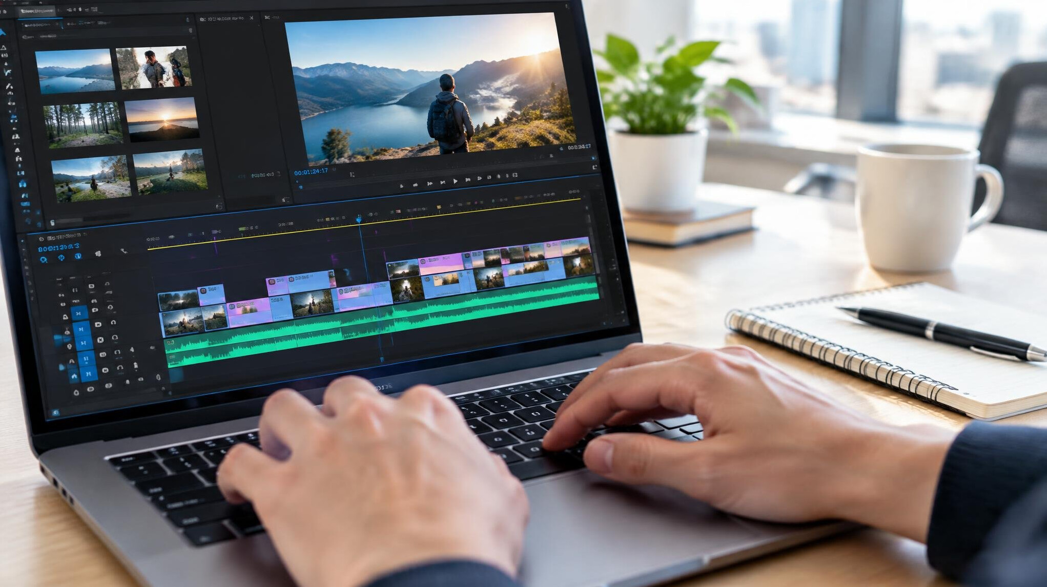 Hands typing on a laptop showing a video editing timeline