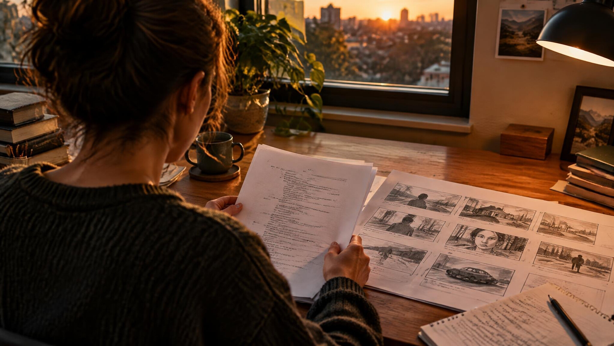 Producer reviewing printed script notes at a desk